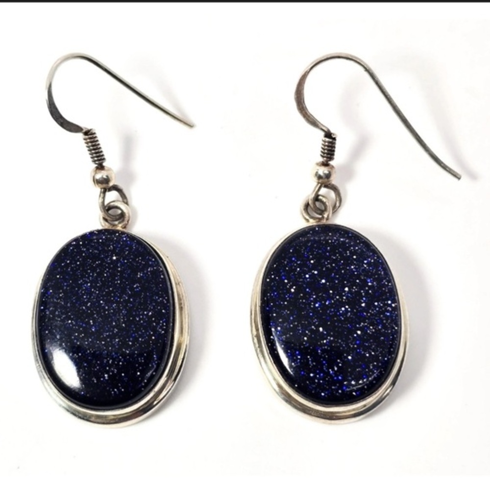 Elegant Blue Goldstone and 925 Silver Dangle Earrings, Glittering